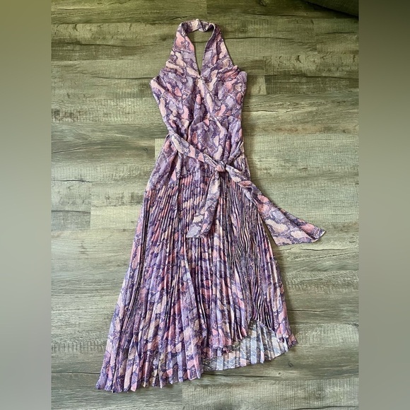 SHOSHANNA Roya Dress 10 Lavender Purple Snake Print Midi Pleated Chiffon Wedding - Picture 4 of 10